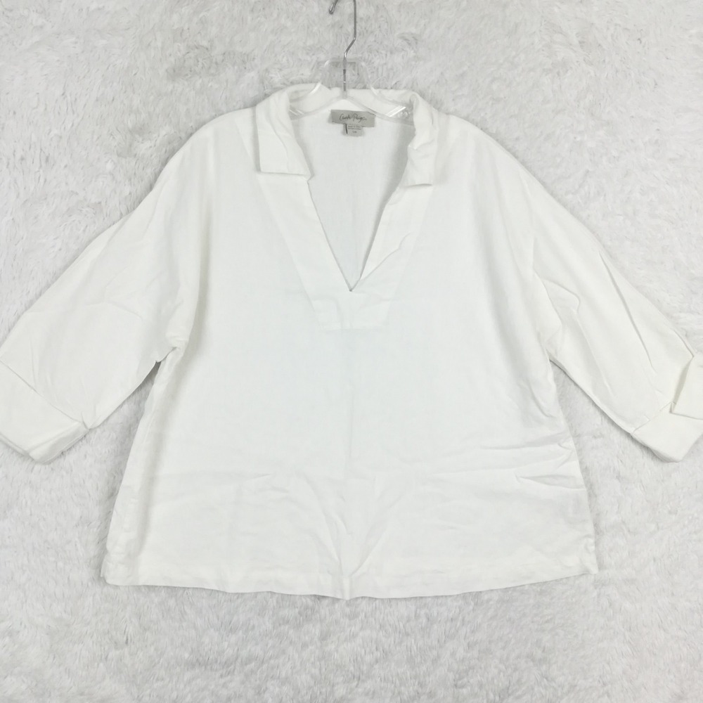 Charlie Paige Womens‎ Top Linen Blend White V Neck Collared 3/4 Sleeve L